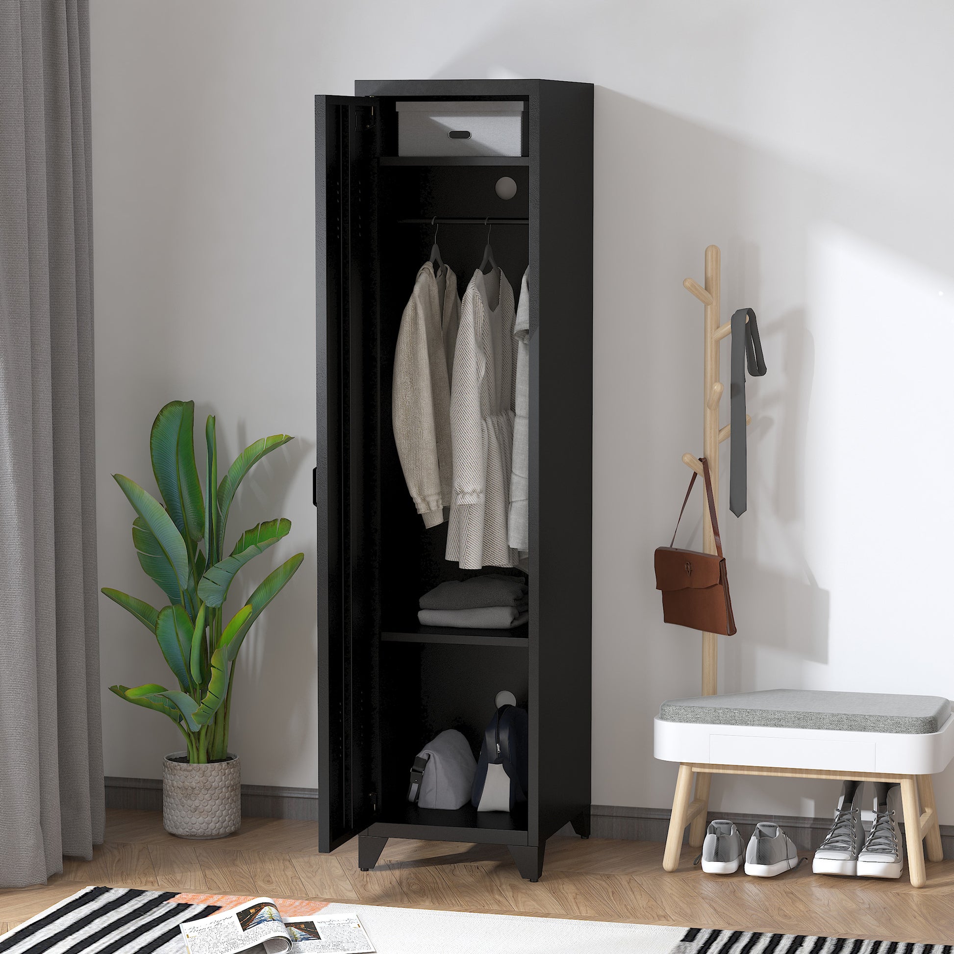 Compact Metal Wardrobe Locker Storage Cabinet Industrial Style with 3 Shelves, 1 Rod 43L x 50W x 180H cm