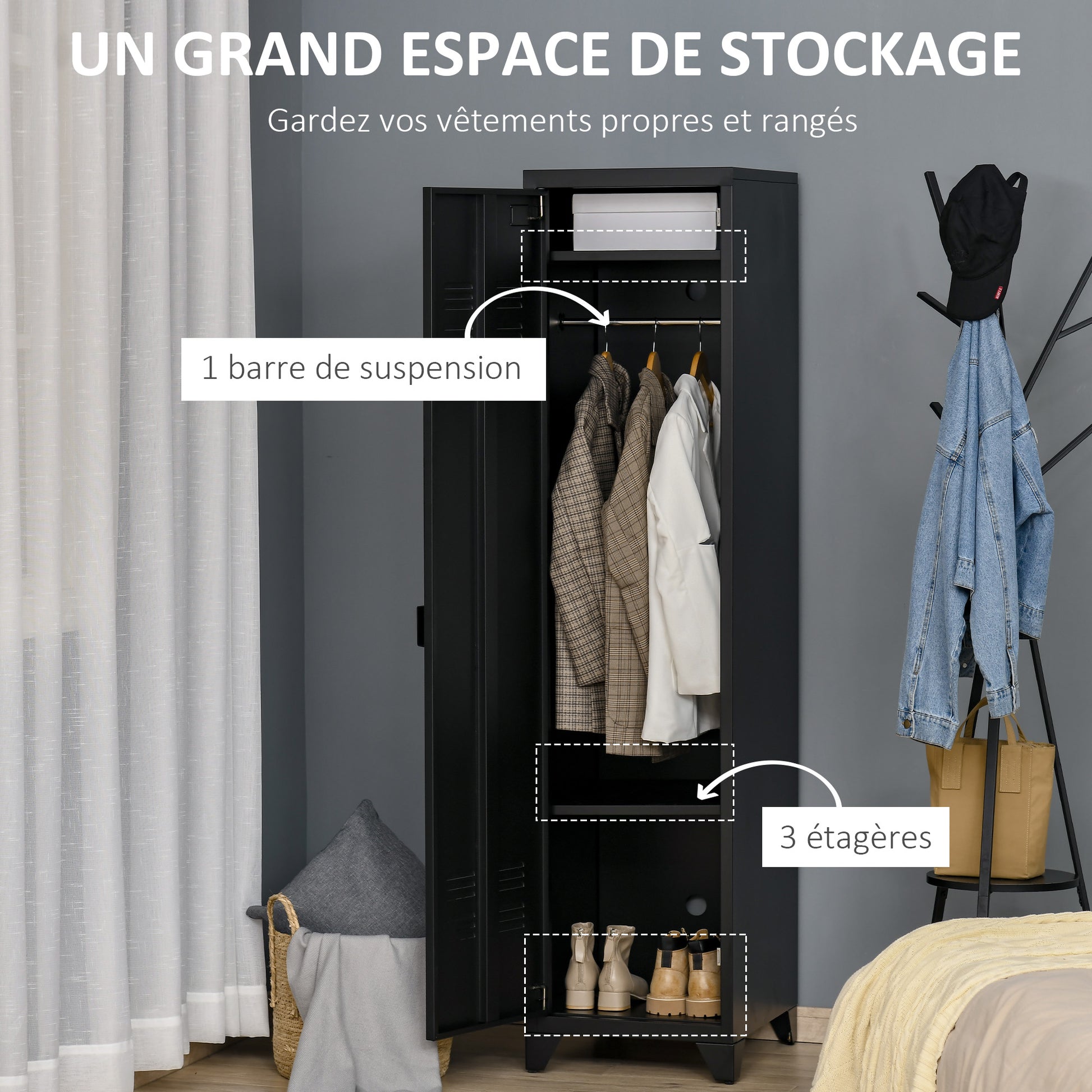 Compact Metal Wardrobe Locker Storage Cabinet Industrial Style with 3 Shelves, 1 Rod 43L x 50W x 180H cm