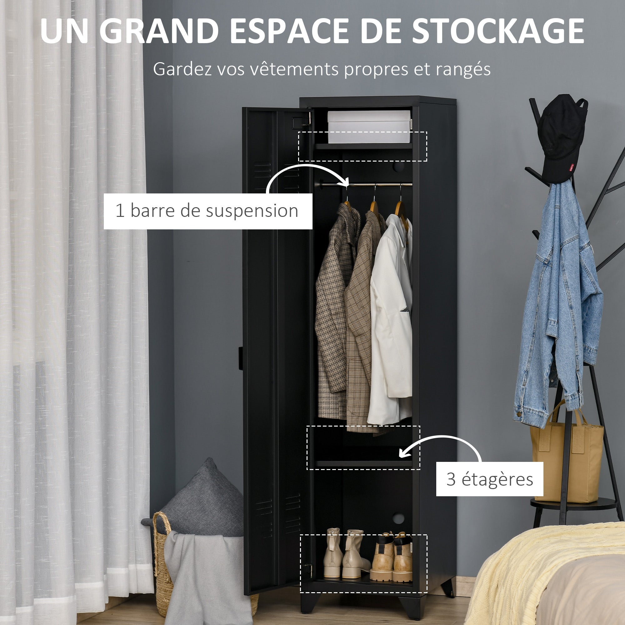 Compact Metal Wardrobe Locker Storage Cabinet Industrial Style with 3 Shelves, 1 Rod 43L x 50W x 180H cm