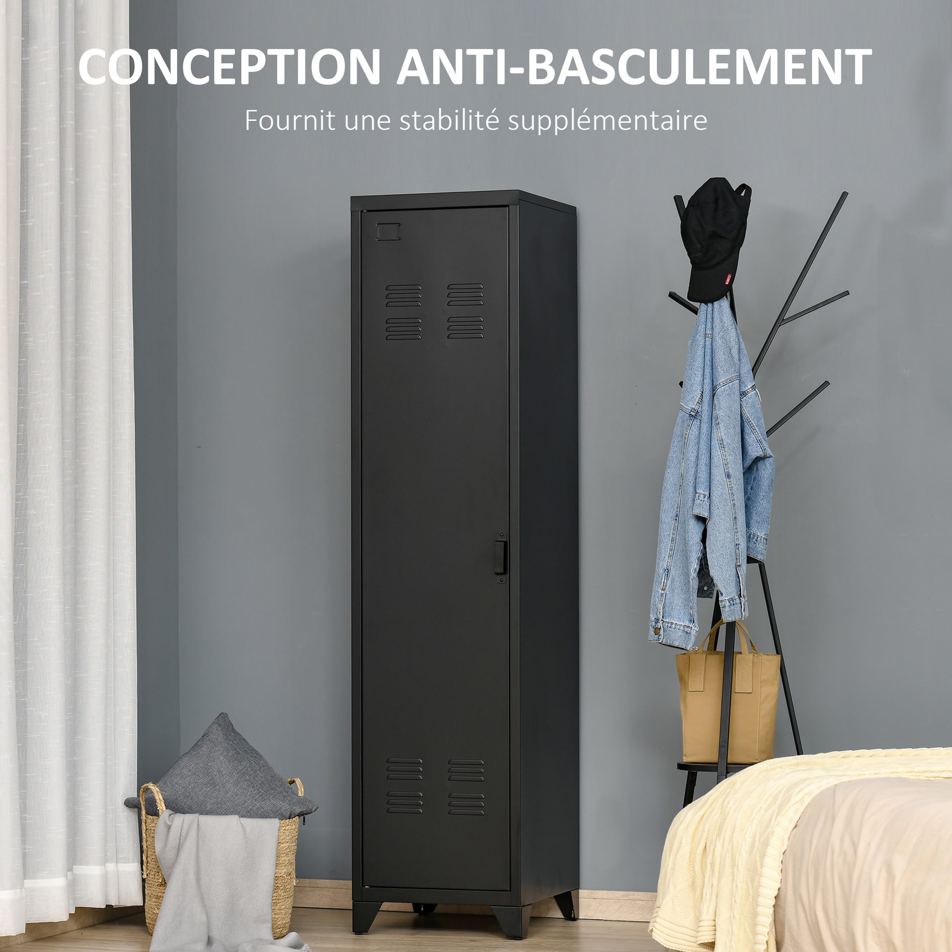 Compact Metal Wardrobe Locker Storage Cabinet Industrial Style with 3 Shelves, 1 Rod 43L x 50W x 180H cm