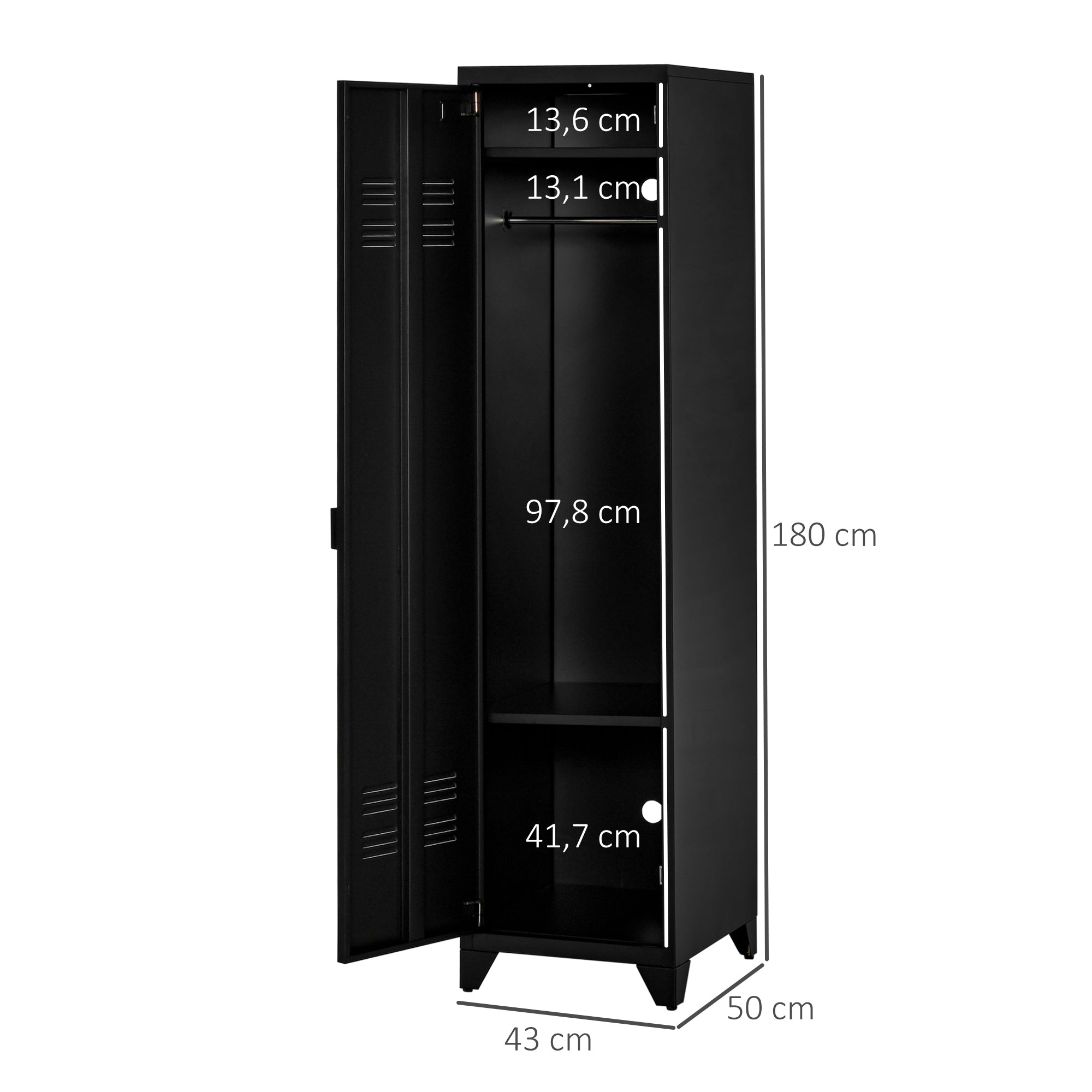Compact Metal Wardrobe Locker Storage Cabinet Industrial Style with 3 Shelves, 1 Rod 43L x 50W x 180H cm