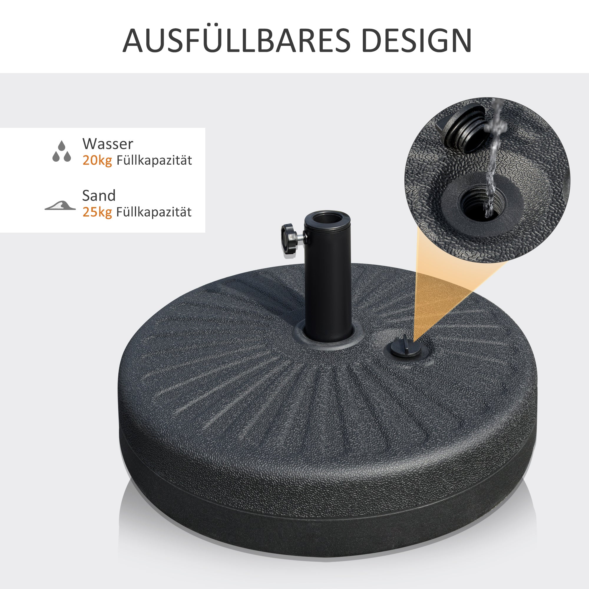 Umbrella Stand 22 kg Round Umbrella Base, Umbrella Weight, Stand for Umbrella 38/48mm Pole Diameter, for Balcony, Terrace, Garden, Black