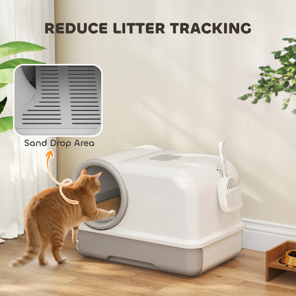 Covered Cat Litter Box with Hood & Scoop, Pull-Out Tray, 2 Activated Carbon Filters — White/Gray, for Cats up to 11 lb, 23.2 x 15.6 x 15.6 in