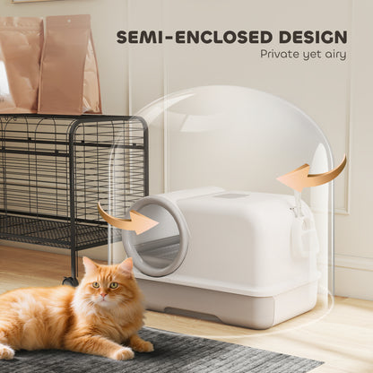 Covered Cat Litter Box with Hood & Scoop, Pull-Out Tray, 2 Activated Carbon Filters — White/Gray, for Cats up to 11 lb, 23.2 x 15.6 x 15.6 in
