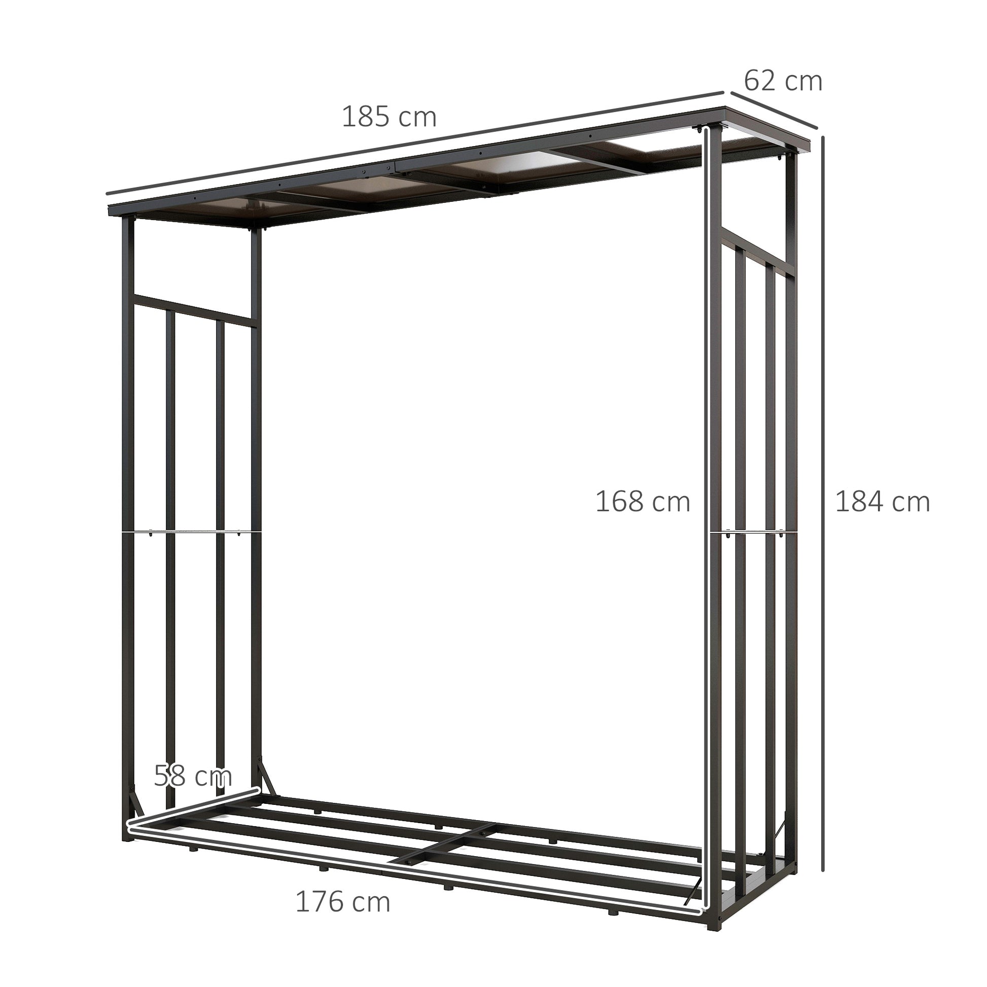Firewood Rack 185 x 62 x 184 cm Wood Stand with Waterproof Cover, Firewood Rack with Roof, for Outdoor, Indoor, up to 2000 kg, Metal, Black