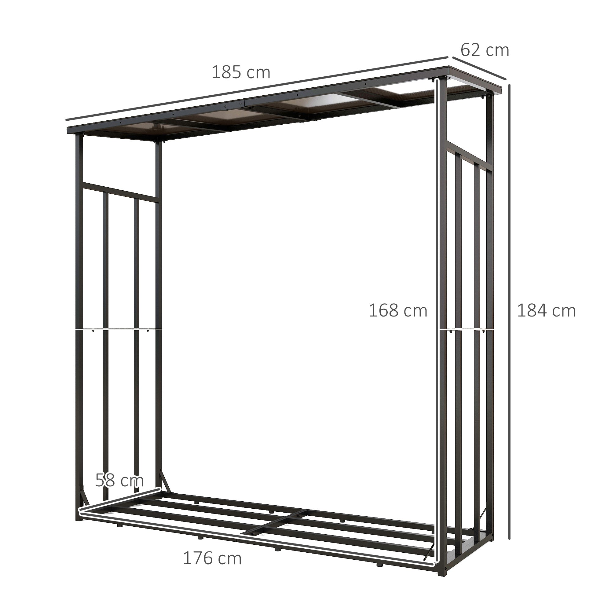Firewood Rack 185 x 62 x 184 cm Wood Stand with Waterproof Cover, Firewood Rack with Roof, for Outdoor, Indoor, up to 2000 kg, Metal, Black