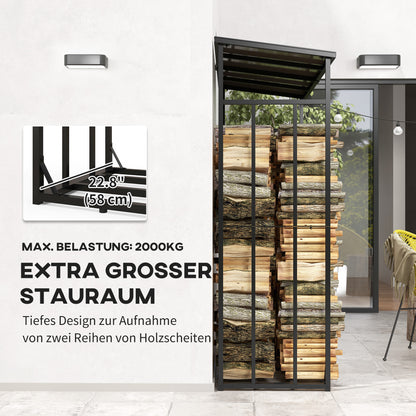 Firewood Rack 185 x 62 x 184 cm Wood Stand with Waterproof Cover, Firewood Rack with Roof, for Outdoor, Indoor, up to 2000 kg, Metal, Black