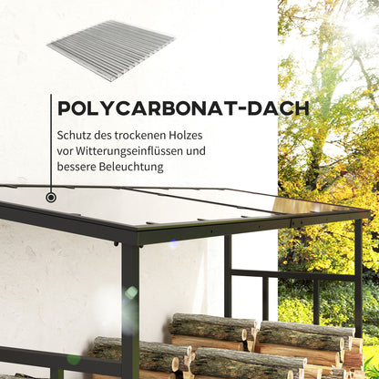 Firewood Rack 185 x 62 x 184 cm Wood Stand with Waterproof Cover, Firewood Rack with Roof, for Outdoor, Indoor, up to 2000 kg, Metal, Black