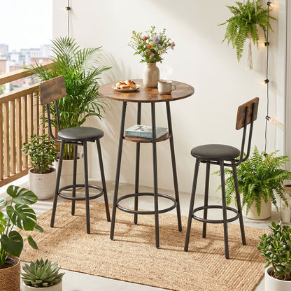 Bar Table with 2 Padded Bar Stools, Footrests, Metal Frame — Industrial Kitchen/Dining Set, Rustic Brown