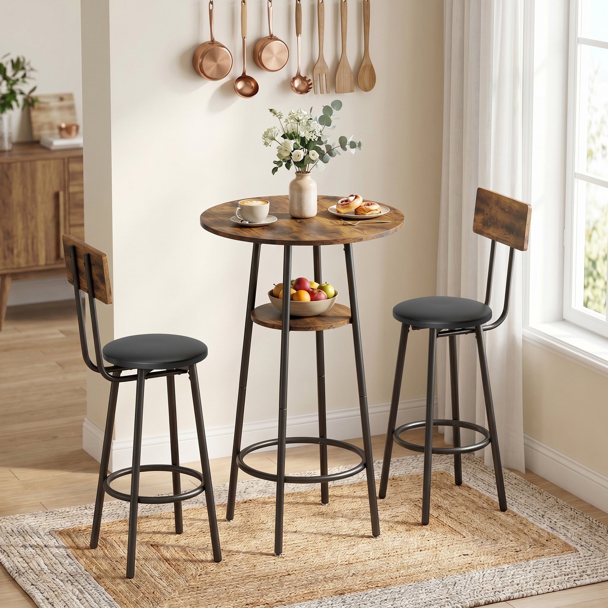 Bar Table with 2 Padded Bar Stools, Footrests, Metal Frame — Industrial Kitchen/Dining Set, Rustic Brown