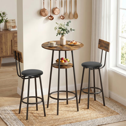 Bar Table with 2 Padded Bar Stools, Footrests, Metal Frame — Industrial Kitchen/Dining Set, Rustic Brown