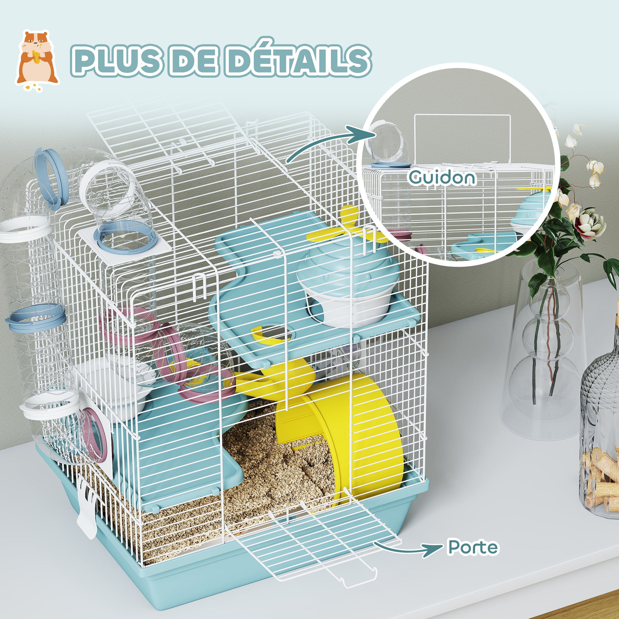 3-Level Hamster Cage with Exercise Wheel, Play Tunnels, Hideout & Bowl — For Dwarf Hamsters & Gerbils, 13.6 x 10.8 x 16.1 in, Blue