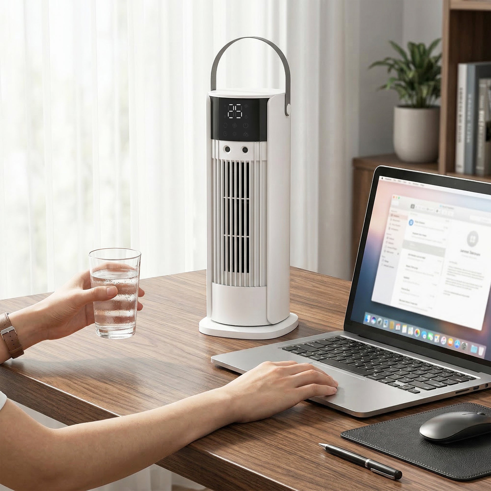 Tabletop Tower Fan with Mist & RGB Lighting, 3 Speeds, 90° Oscillation, 10-Hour Timer — Bedroom & Office, White