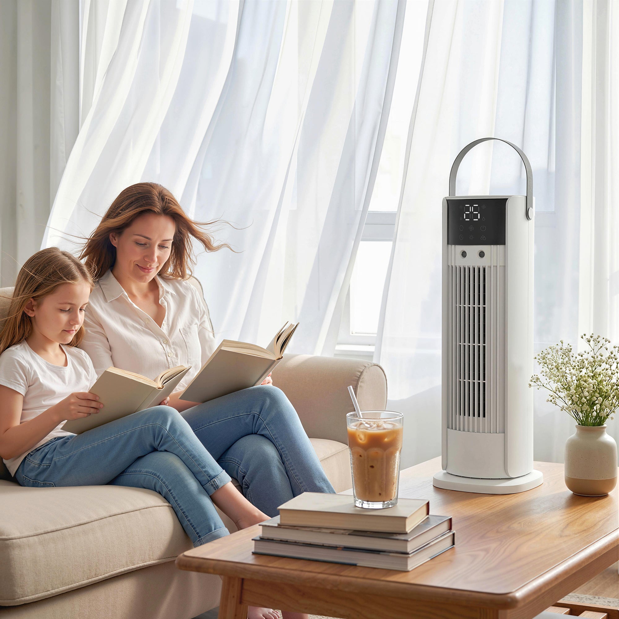 Tabletop Tower Fan with Mist & RGB Lighting, 3 Speeds, 90° Oscillation, 10-Hour Timer — Bedroom & Office, White