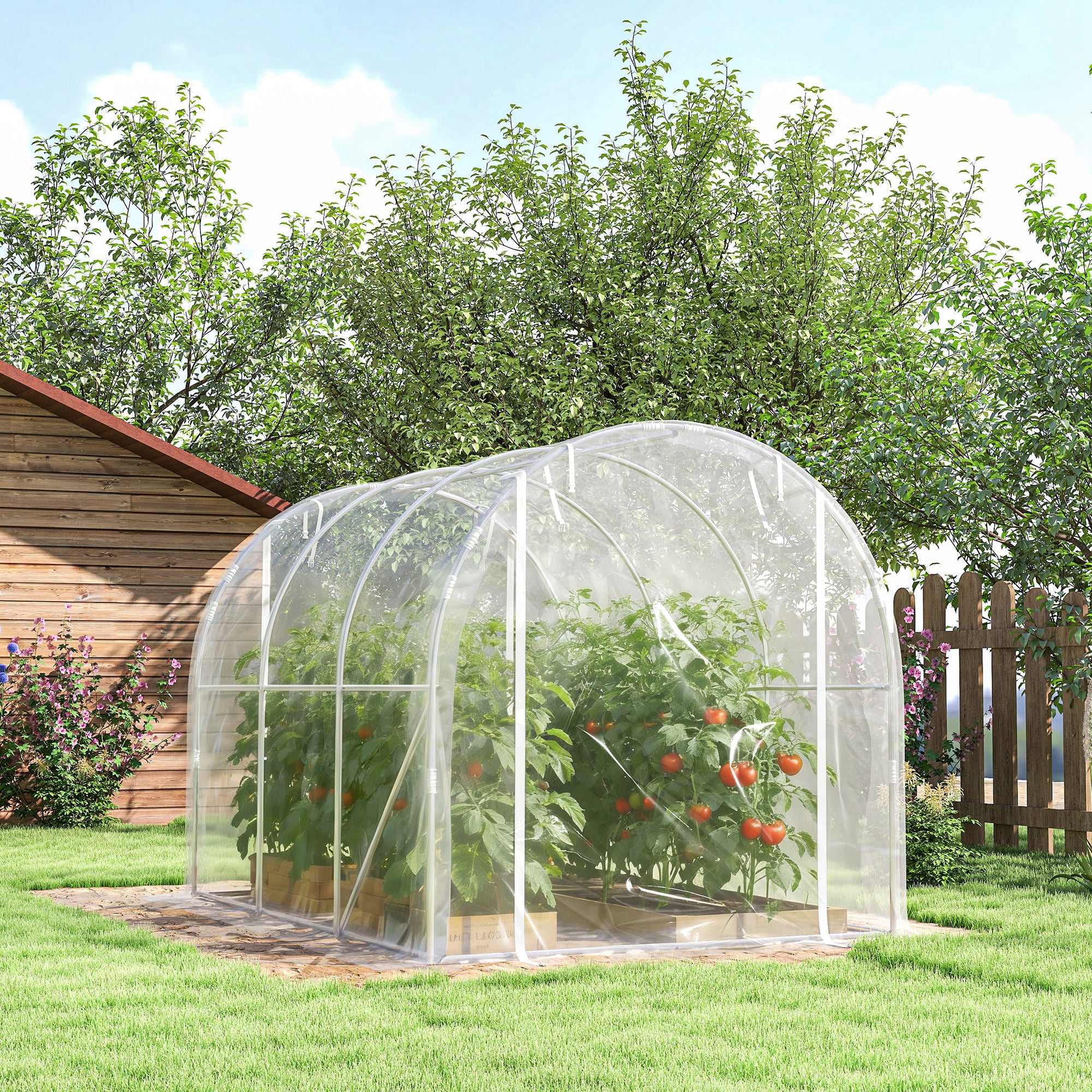 6 m² (≈64.6 sq ft) Tunnel Greenhouse — Galvanized Steel Frame, 150 gsm PE Cover, 2 Roll-Up Zipper Doors, 195×295×195 cm (76.8×116.1×76.8 in) — Clear