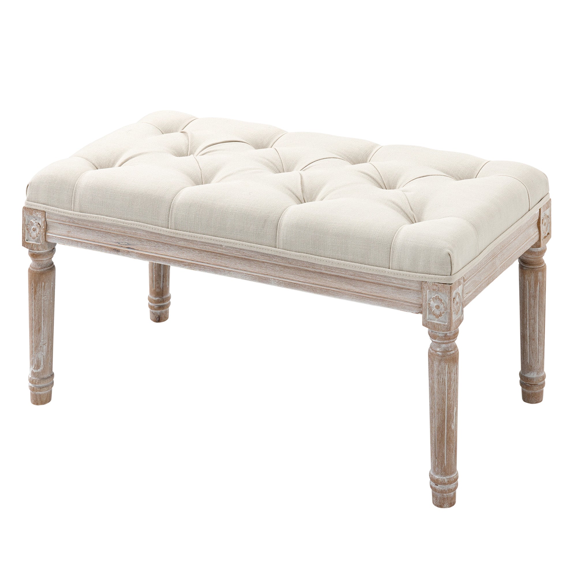 Footstool, Upholstered Bench with Linen Look, Footstool with Padded Seat, Wooden Legs, Ottoman Footrest made of Wood, for Living Room, Bedroom, Cream White