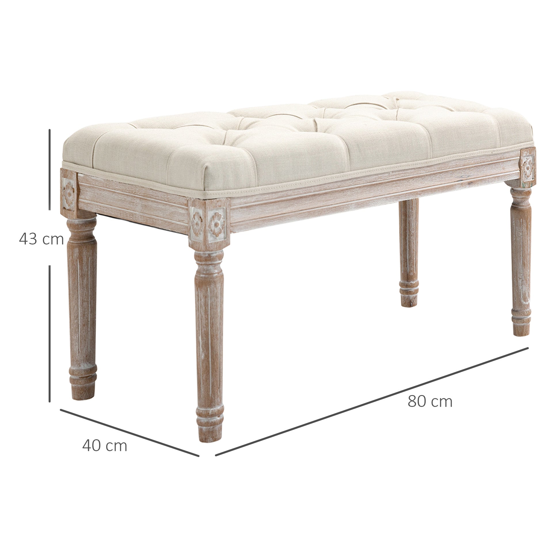 Footstool, Upholstered Bench with Linen Look, Footstool with Padded Seat, Wooden Legs, Ottoman Footrest made of Wood, for Living Room, Bedroom, Cream White
