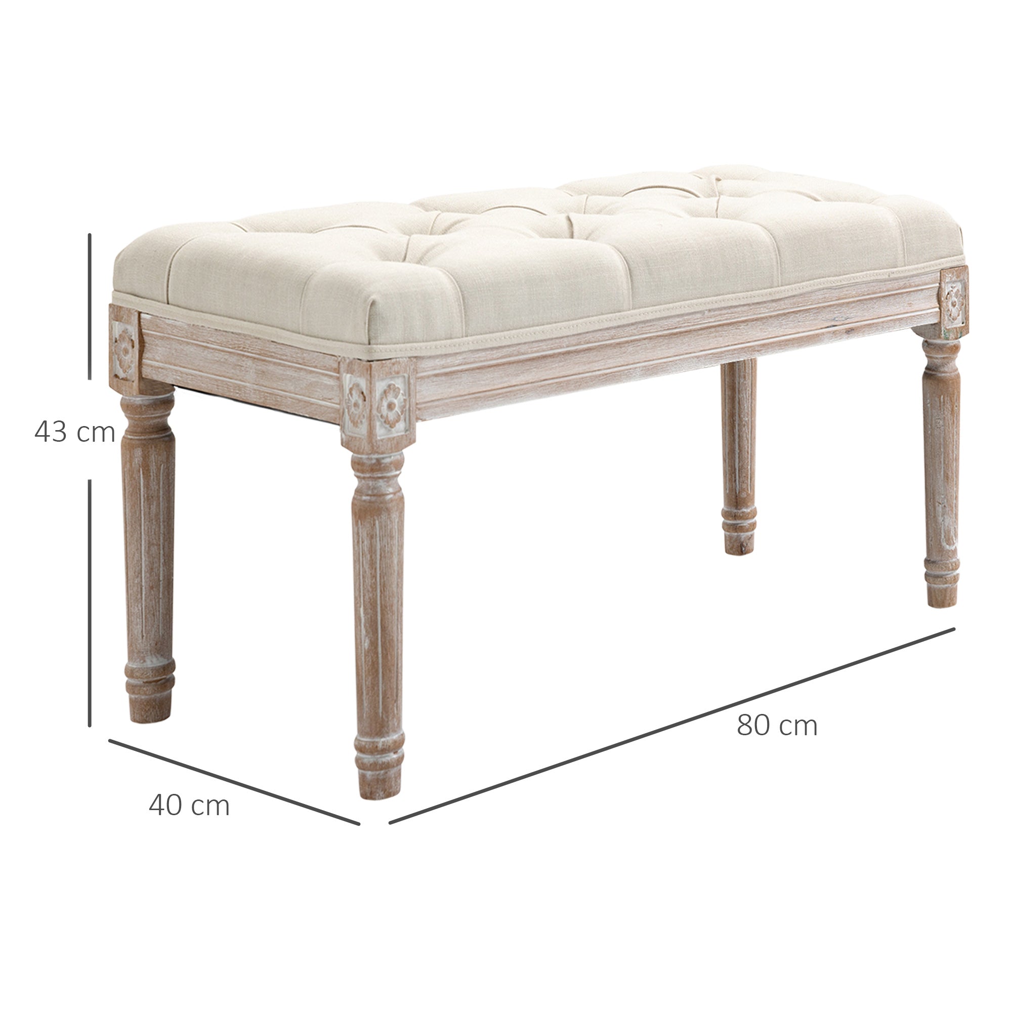 Footstool, Upholstered Bench with Linen Look, Footstool with Padded Seat, Wooden Legs, Ottoman Footrest made of Wood, for Living Room, Bedroom, Cream White