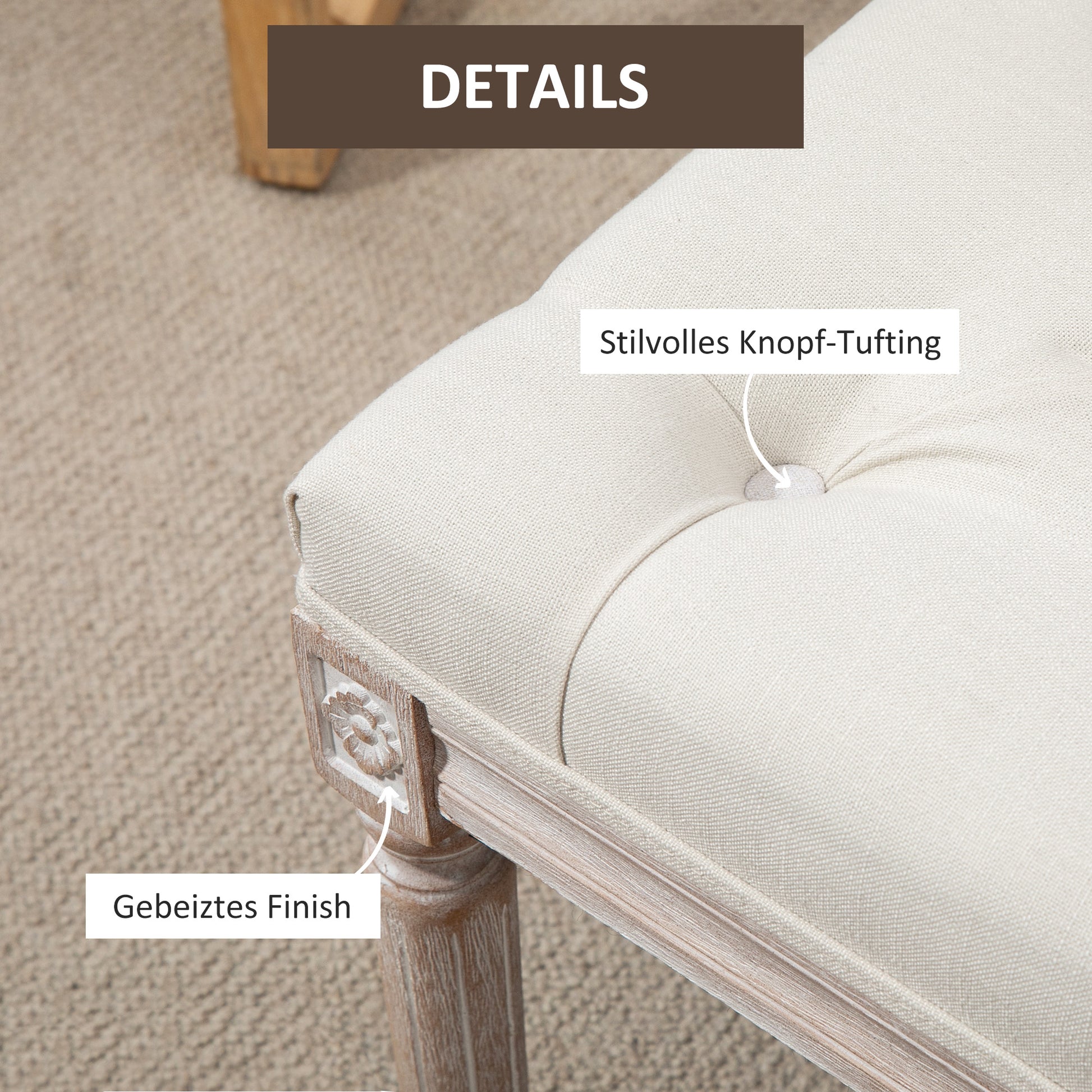 Footstool, Upholstered Bench with Linen Look, Footstool with Padded Seat, Wooden Legs, Ottoman Footrest made of Wood, for Living Room, Bedroom, Cream White