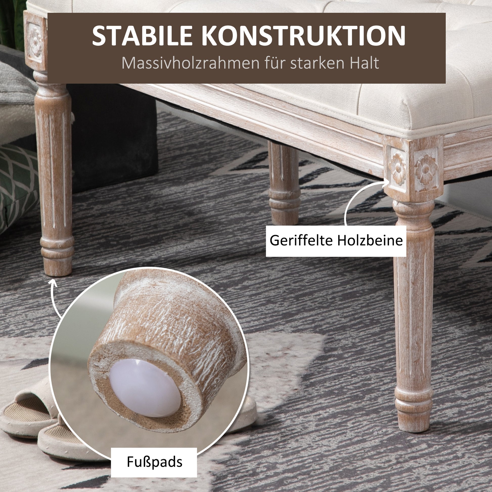 Footstool, Upholstered Bench with Linen Look, Footstool with Padded Seat, Wooden Legs, Ottoman Footrest made of Wood, for Living Room, Bedroom, Cream White