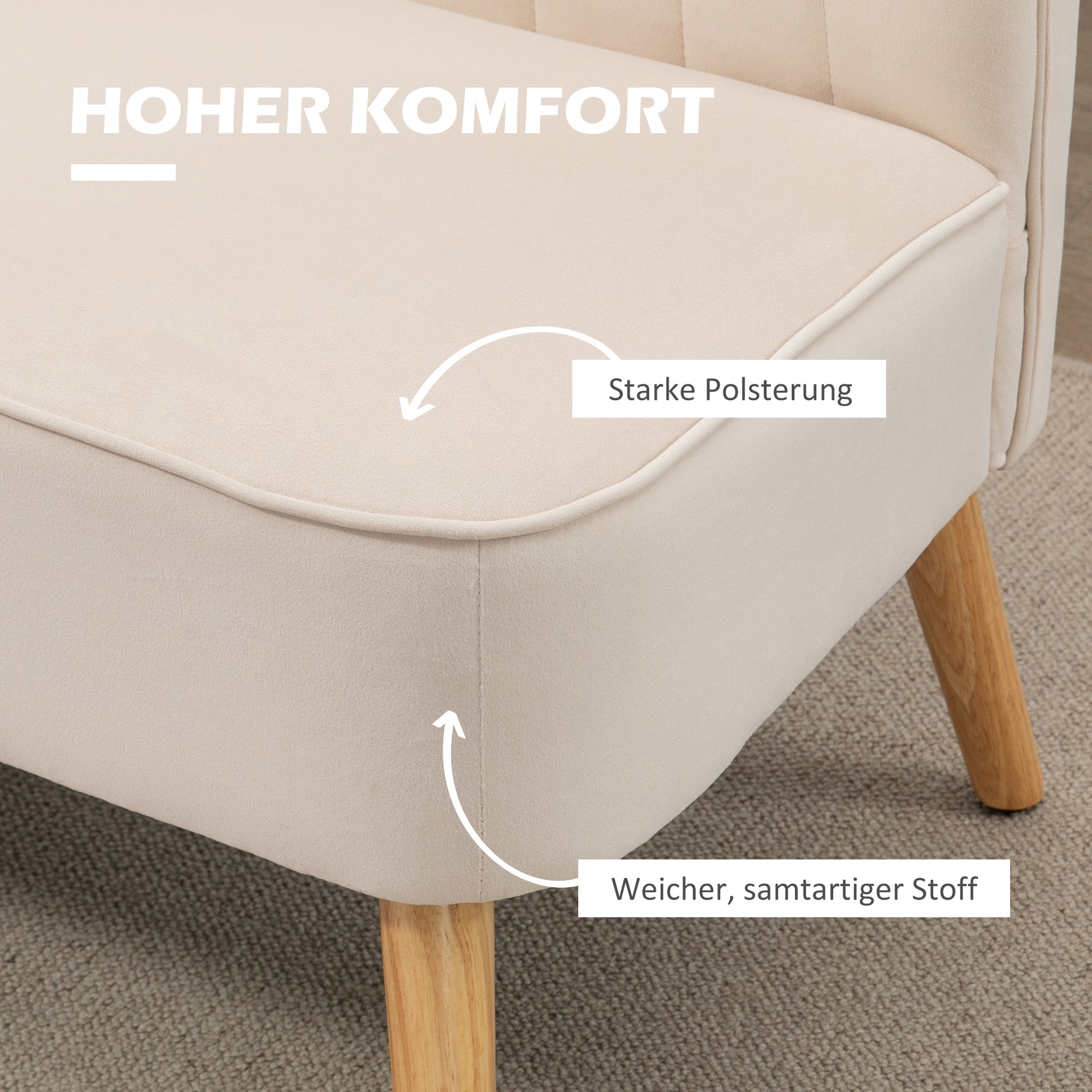 2-Seater Fabric Sofa Upholstered Double Sofa Seating Furniture Lounge Sofa Wood Velvet-like Polyester Foam Cream 117 x 56.5 x 77 cm