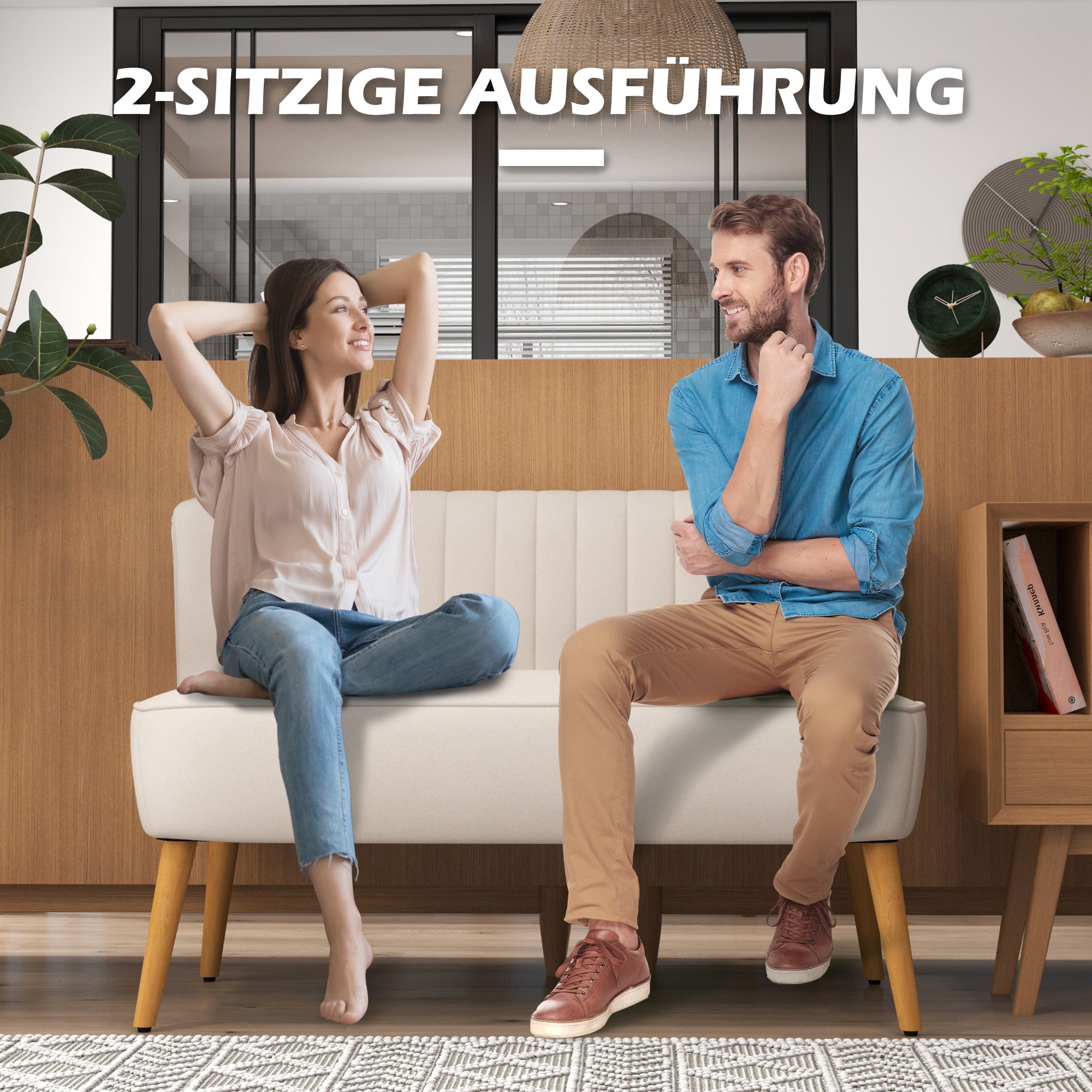 2-Seater Fabric Sofa Upholstered Double Sofa Seating Furniture Lounge Sofa Wood Velvet-like Polyester Foam Cream 117 x 56.5 x 77 cm