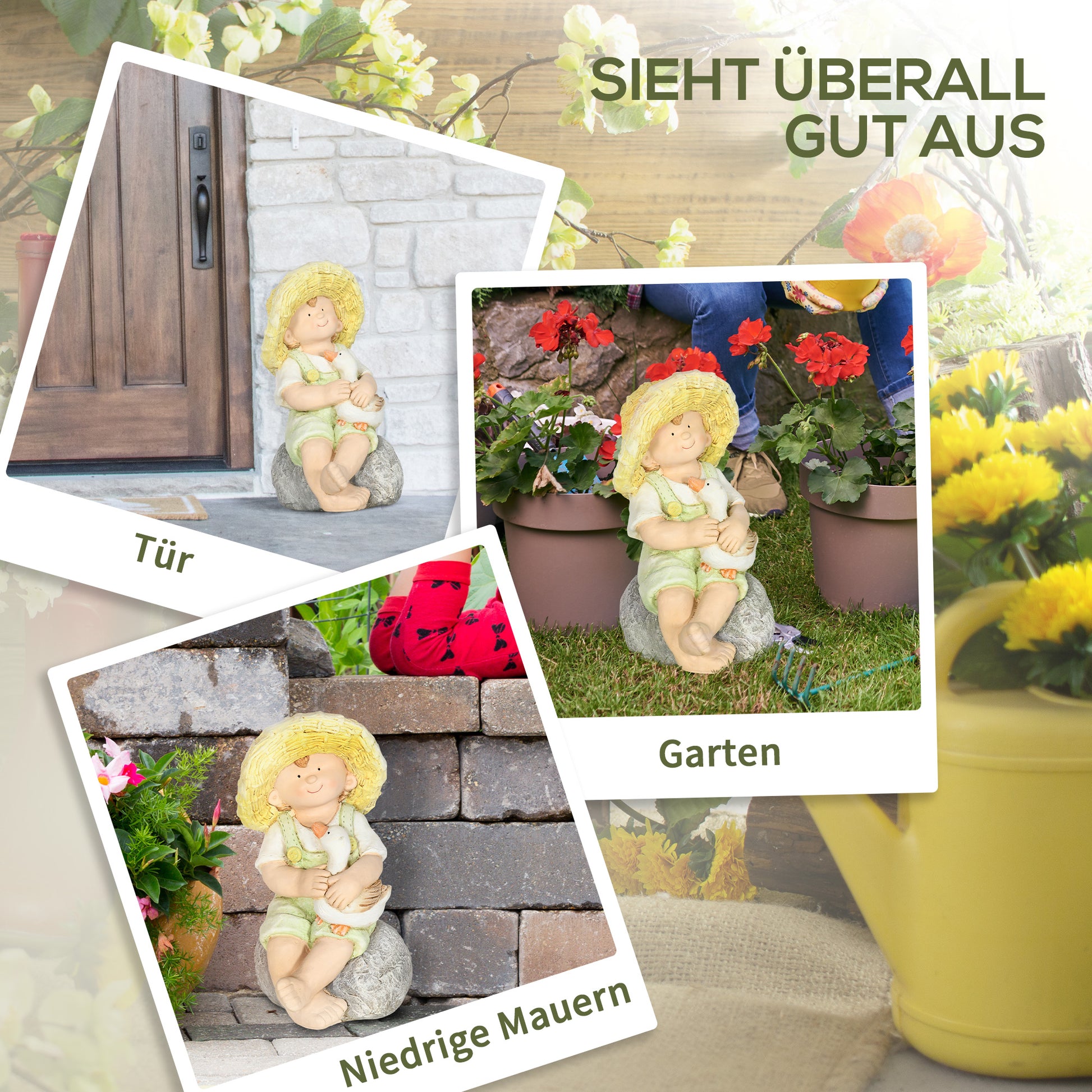 Garden Statue "Little Boy with Straw Hat", 43 cm Weather-Resistant Garden Figurine, Outdoor Ornament, Garden Decor, Sculpture for Home Decoration, Garden, Yard