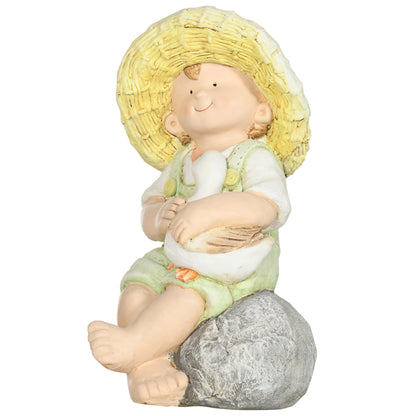 Garden Statue "Little Boy with Straw Hat", 43 cm Weather-Resistant Garden Figurine, Outdoor Ornament, Garden Decor, Sculpture for Home Decoration, Garden, Yard