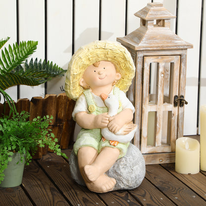 Garden Statue "Little Boy with Straw Hat", 43 cm Weather-Resistant Garden Figurine, Outdoor Ornament, Garden Decor, Sculpture for Home Decoration, Garden, Yard