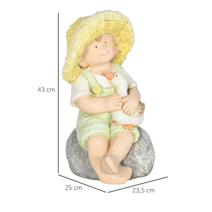 Garden Statue "Little Boy with Straw Hat", 43 cm Weather-Resistant Garden Figurine, Outdoor Ornament, Garden Decor, Sculpture for Home Decoration, Garden, Yard