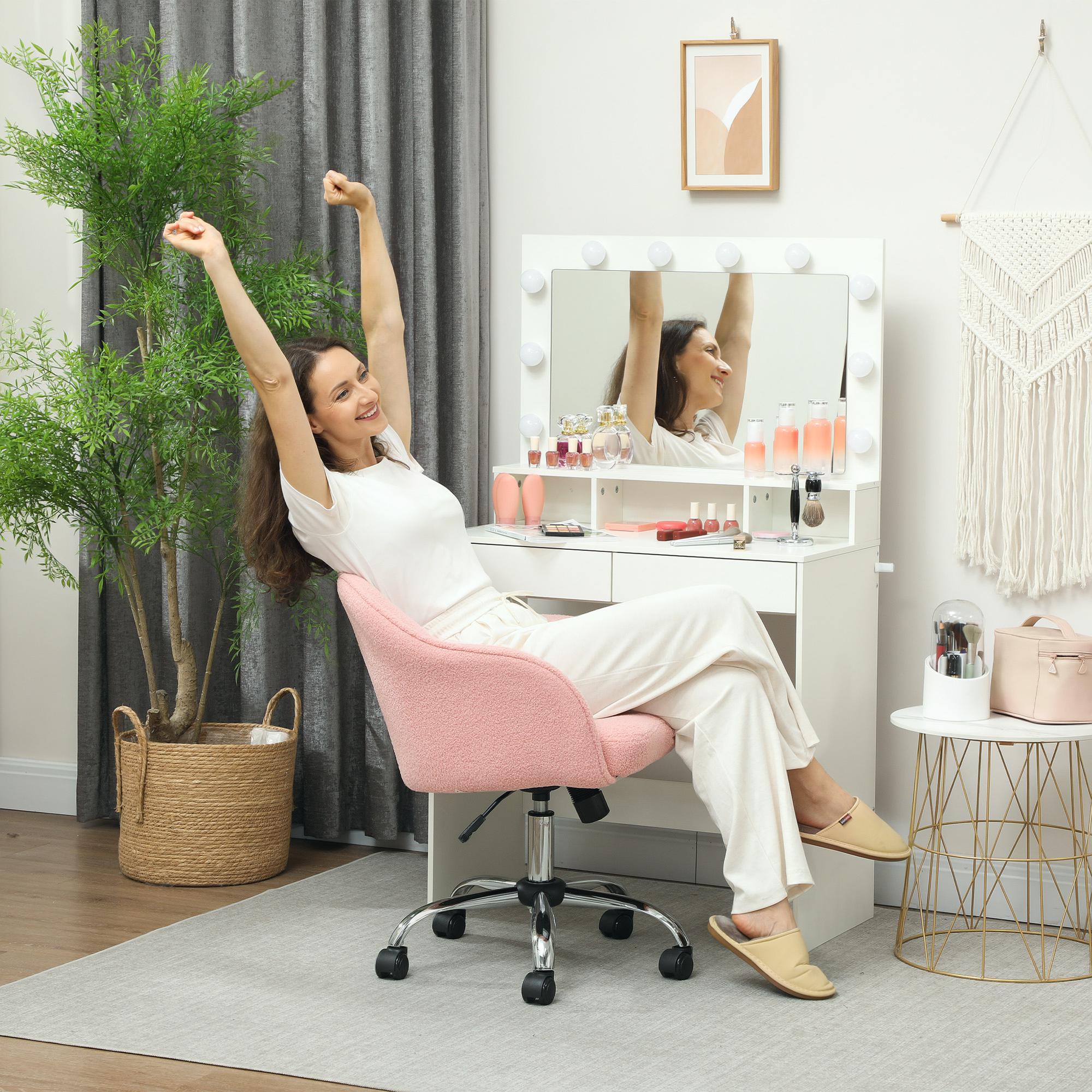 Office Chair, Teddy Plush Ergonomic Desk Chair, Adjustable Height, Padded Seat and Backrest, 360° Swivel, Modern Design, for Office, Bedroom, Pink