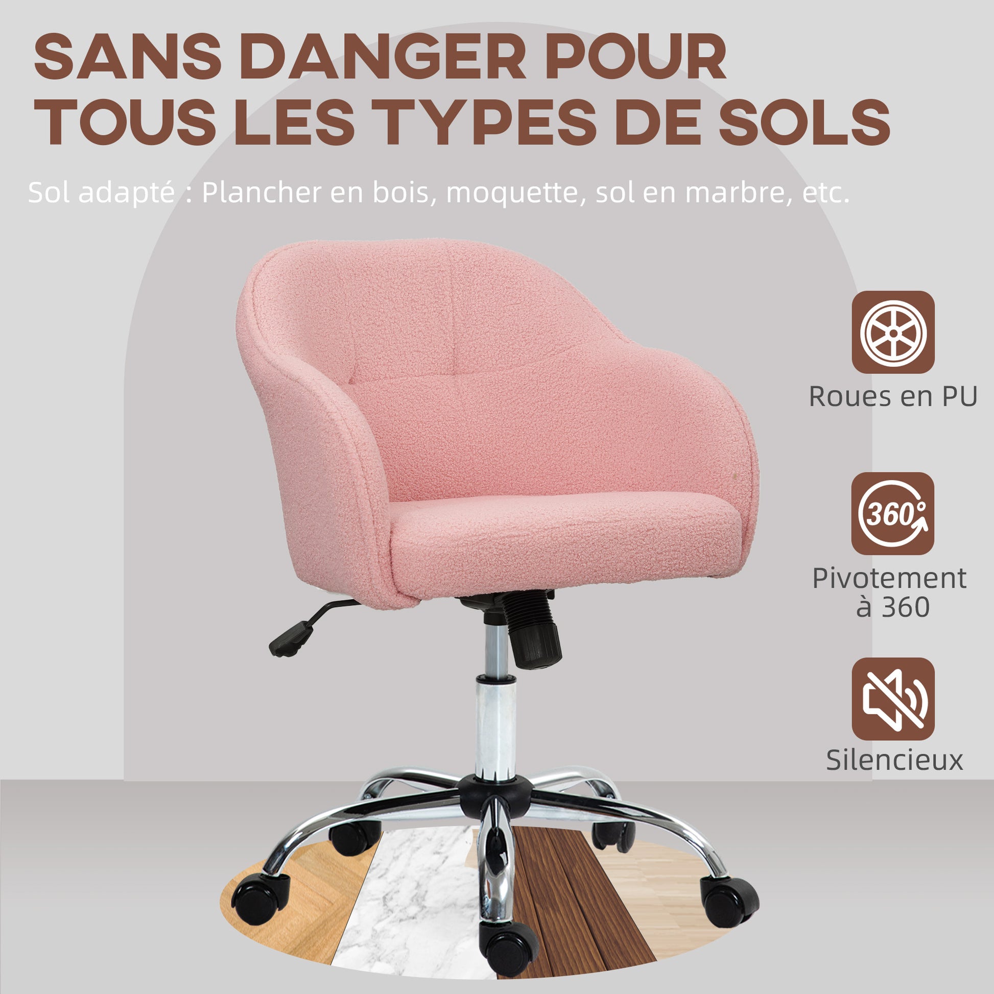 Office Chair, Teddy Plush Ergonomic Desk Chair, Adjustable Height, Padded Seat and Backrest, 360° Swivel, Modern Design, for Office, Bedroom, Pink
