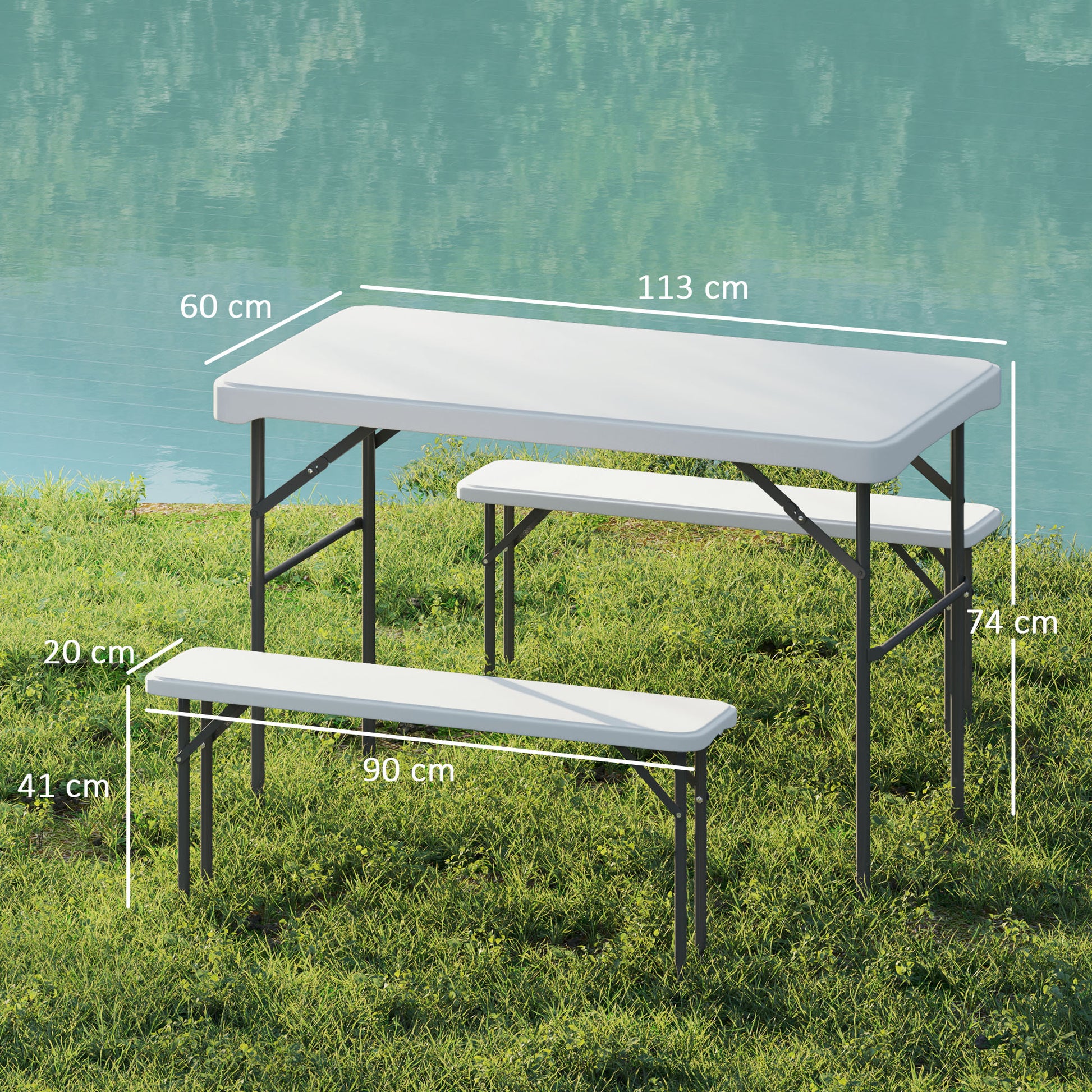 Folding Table and Picnic Benches Set 113 cm, Folding Camping Table with Portable Chairs with Carry Handles, Foldable, Light Gray
