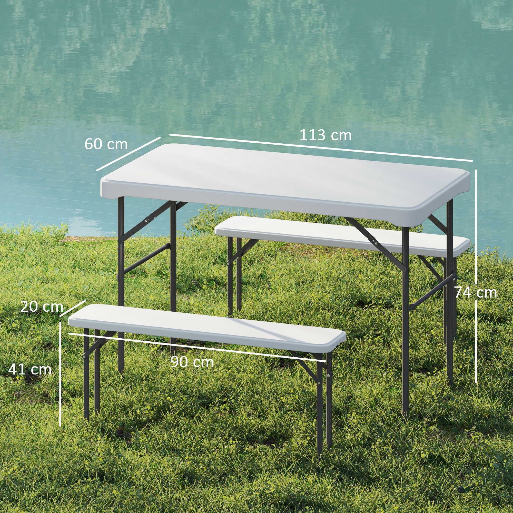 Folding Table and Picnic Benches Set 113 cm, Folding Camping Table with Portable Chairs with Carry Handles, Foldable, Light Gray