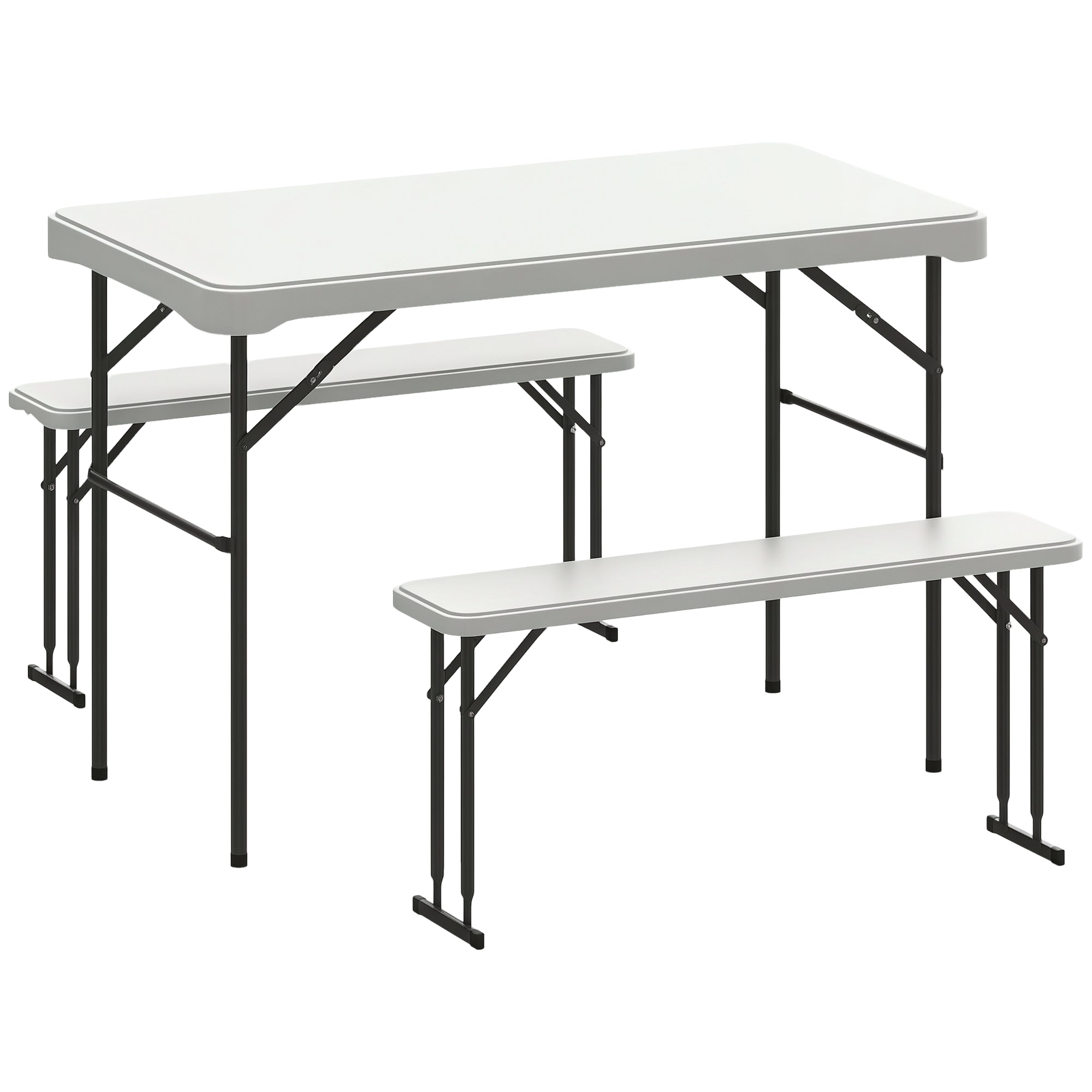 Folding Table and Picnic Benches Set 113 cm, Folding Camping Table with Portable Chairs with Carry Handles, Foldable, Light Gray