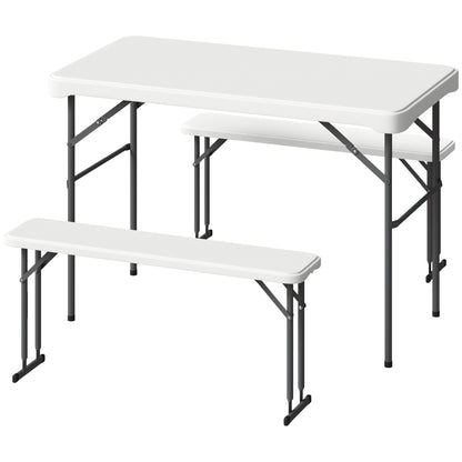 Folding Table and Picnic Benches Set 113 cm, Folding Camping Table with Portable Chairs with Carry Handles, Foldable, Light Gray