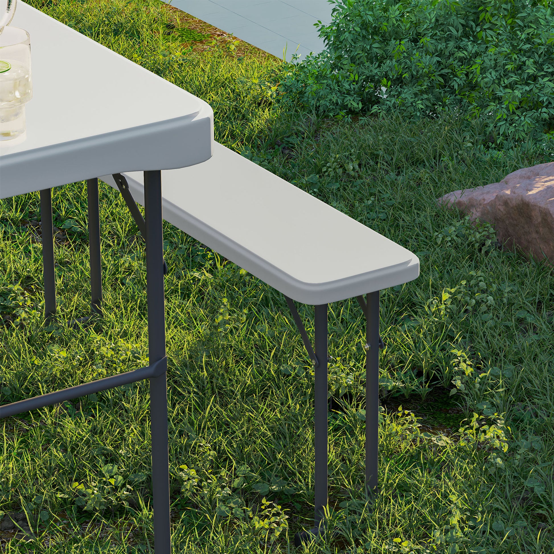 Folding Table and Picnic Benches Set 113 cm, Folding Camping Table with Portable Chairs with Carry Handles, Foldable, Light Gray