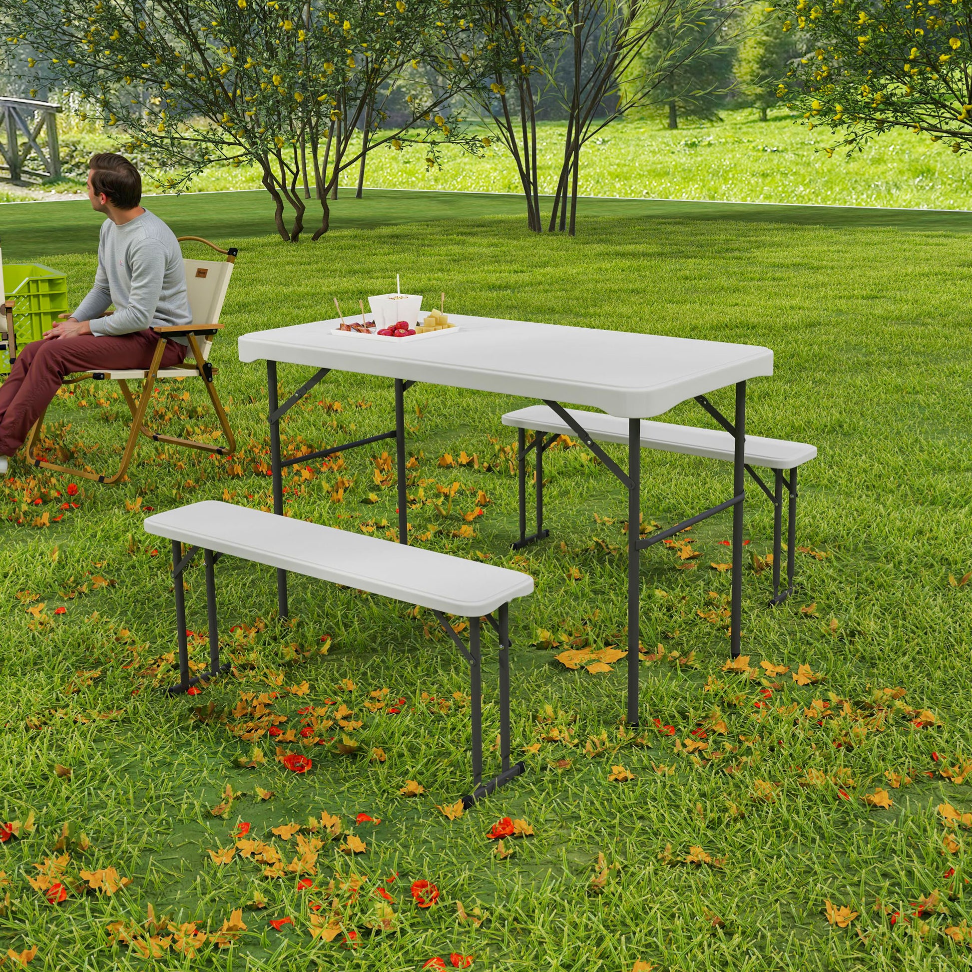 Folding Table and Picnic Benches Set 113 cm, Folding Camping Table with Portable Chairs with Carry Handles, Foldable, Light Gray