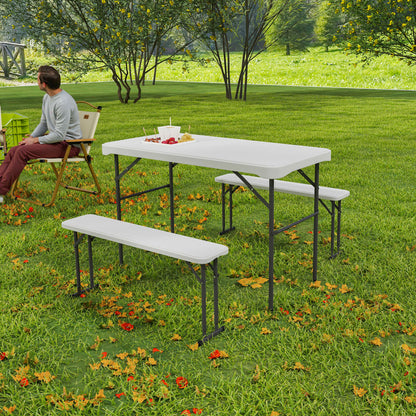Folding Table and Picnic Benches Set 113 cm, Folding Camping Table with Portable Chairs with Carry Handles, Foldable, Light Gray