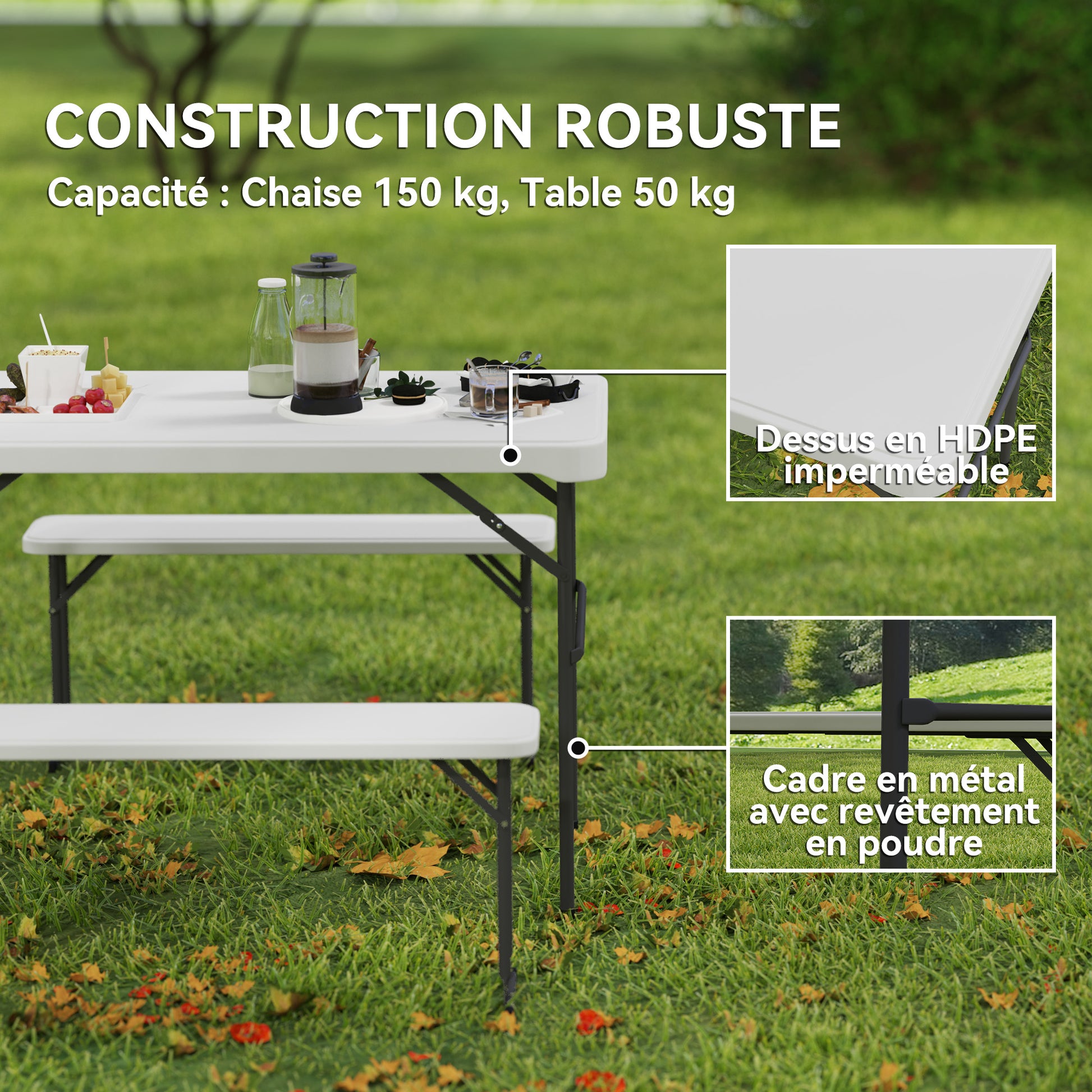 Folding Table and Picnic Benches Set 113 cm, Folding Camping Table with Portable Chairs with Carry Handles, Foldable, Light Gray