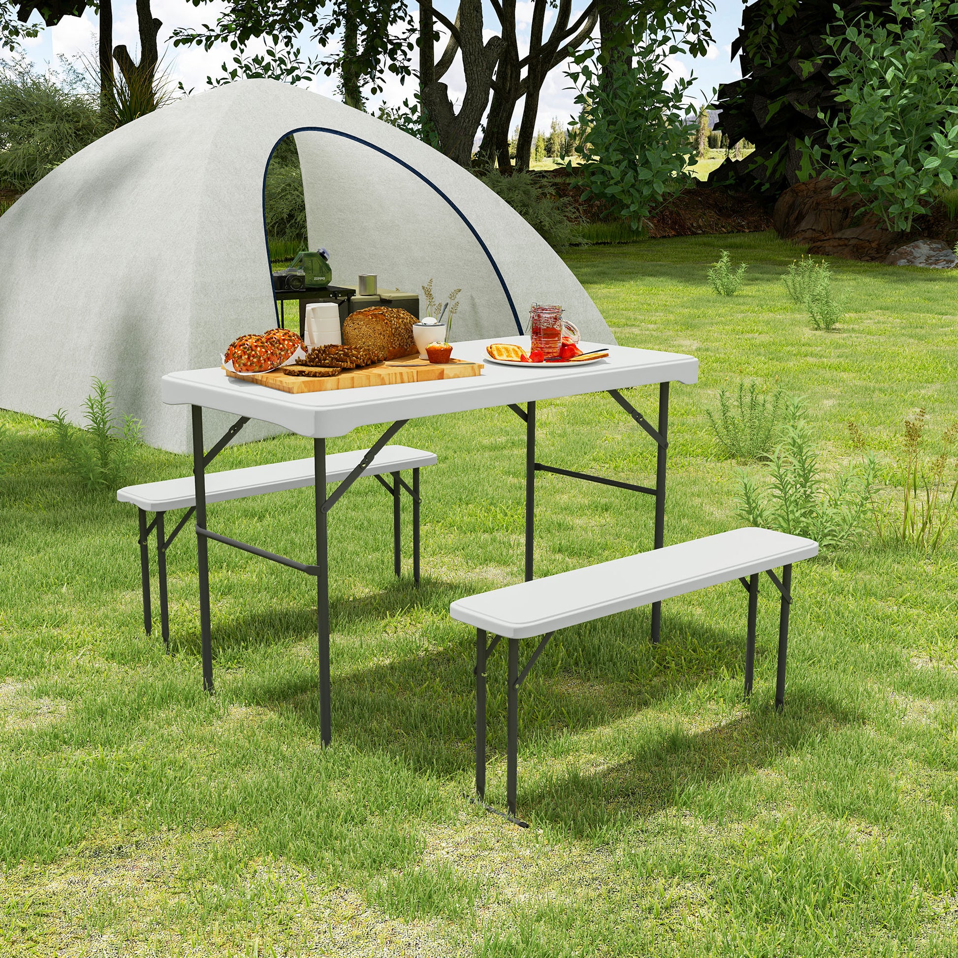 Folding Table and Picnic Benches Set 113 cm, Folding Camping Table with Portable Chairs with Carry Handles, Foldable, Light Gray