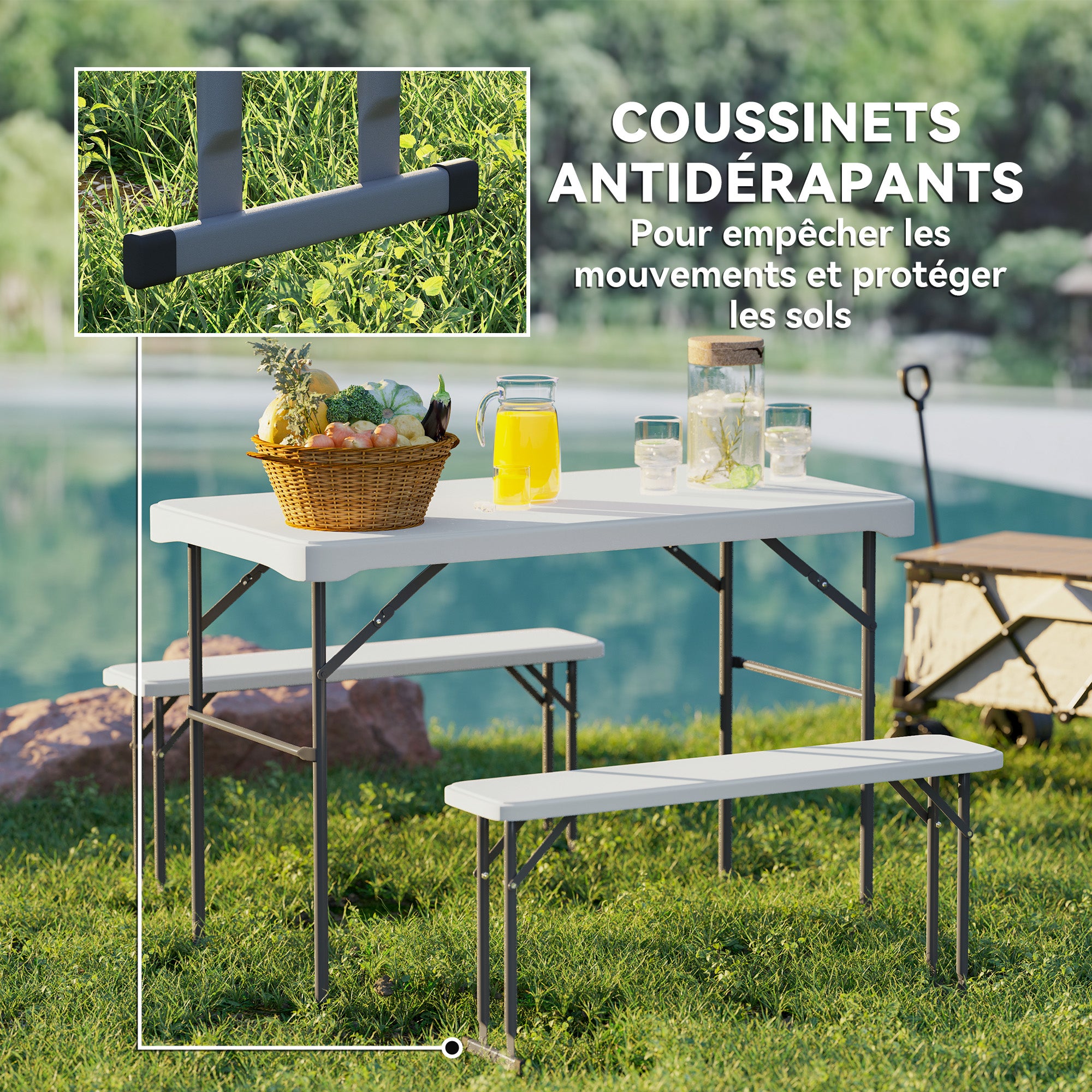 Folding Table and Picnic Benches Set 113 cm, Folding Camping Table with Portable Chairs with Carry Handles, Foldable, Light Gray