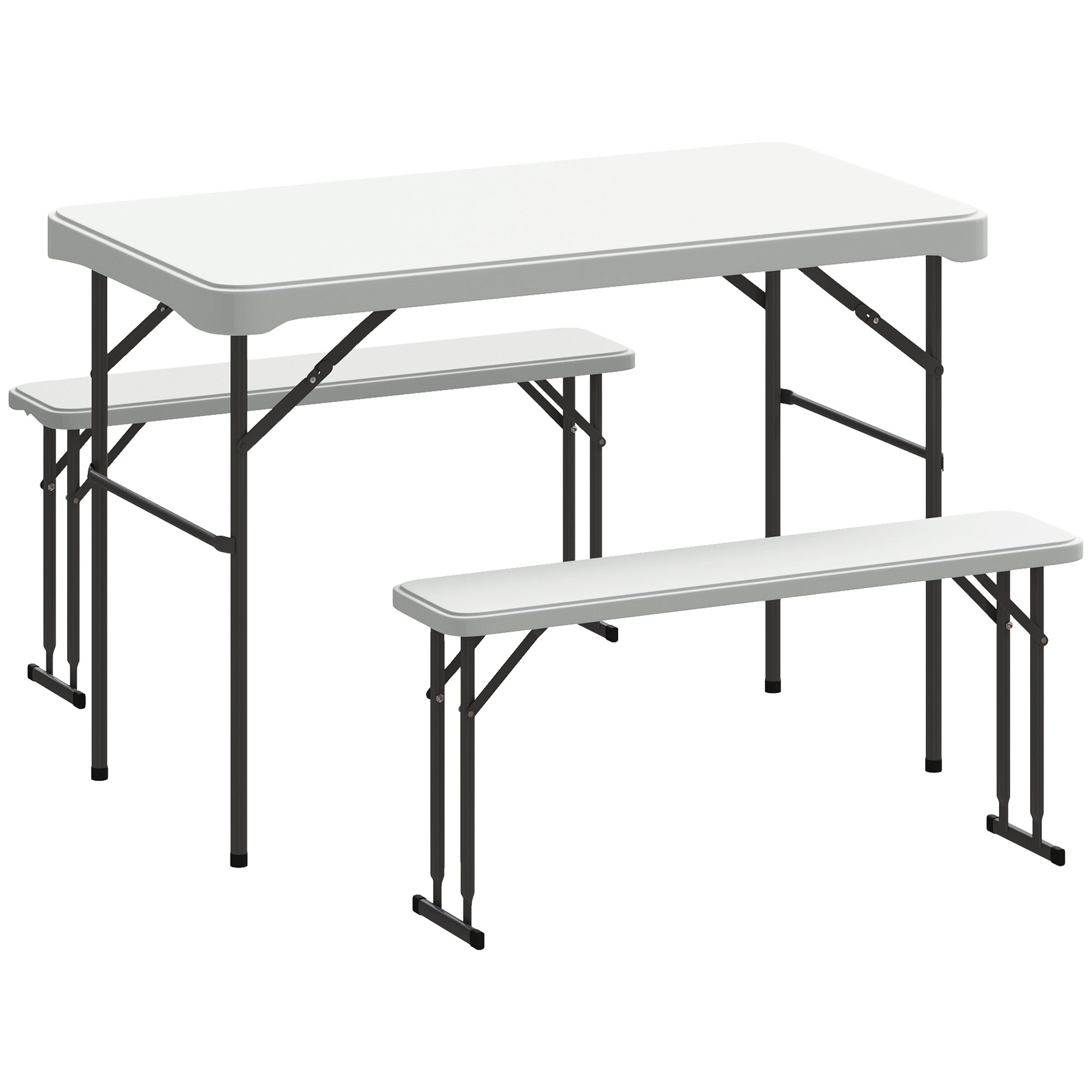 Folding Table and Picnic Benches Set 113 cm, Folding Camping Table with Portable Chairs with Carry Handles, Foldable, Light Gray