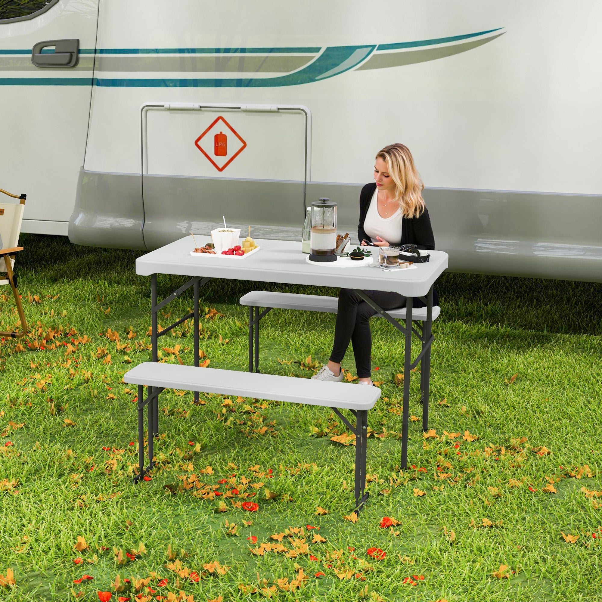 Folding Table and Picnic Benches Set 113 cm, Folding Camping Table with Portable Chairs with Carry Handles, Foldable, Light Gray