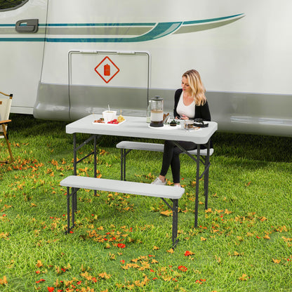 Folding Table and Picnic Benches Set 113 cm, Folding Camping Table with Portable Chairs with Carry Handles, Foldable, Light Gray