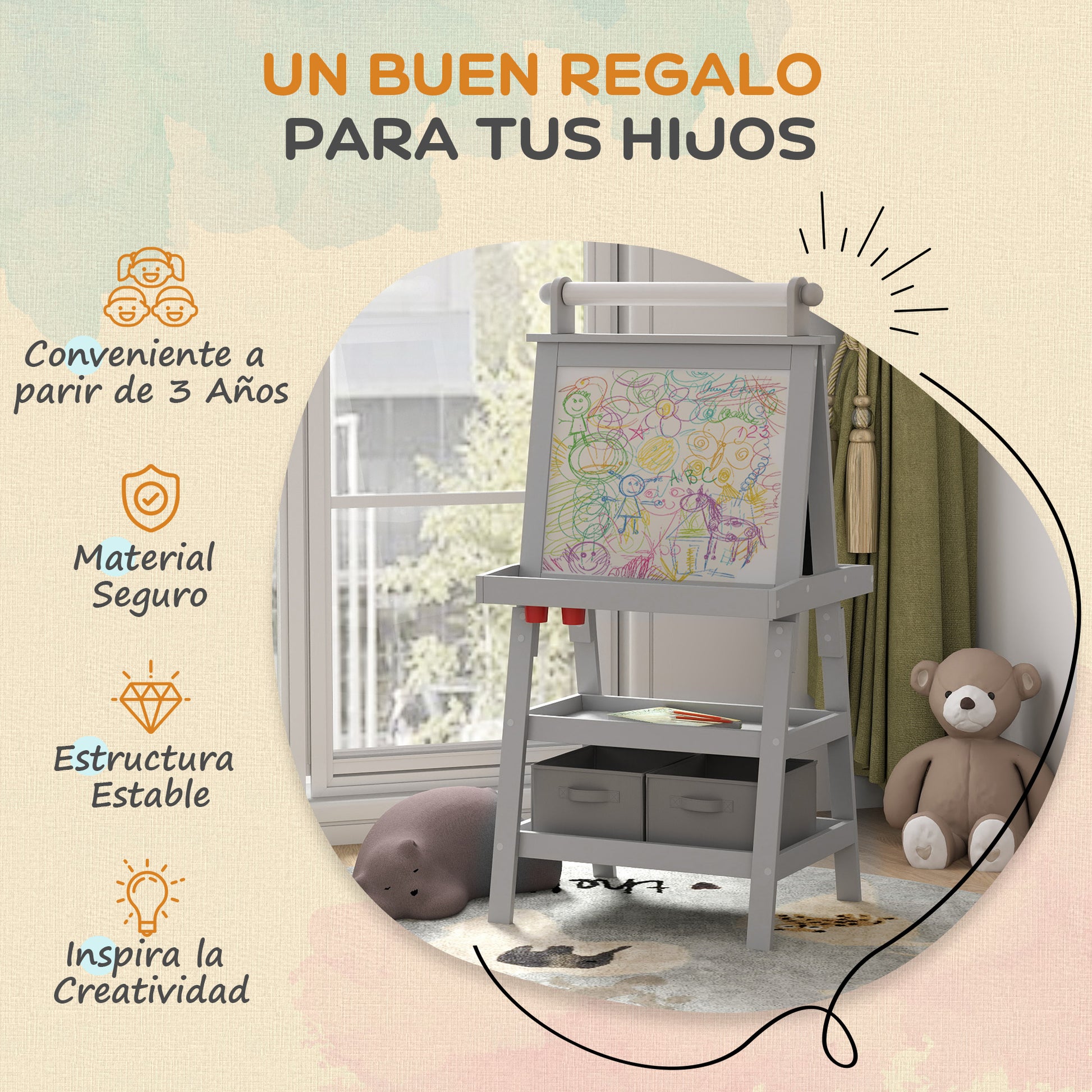 AIYPLAY Children's Drawing Easel 3 in 1 Magnetic Double-Sided Children's Blackboard Painting Easel with Paper Roll and Storage Baskets 59x48x118 cm Gray