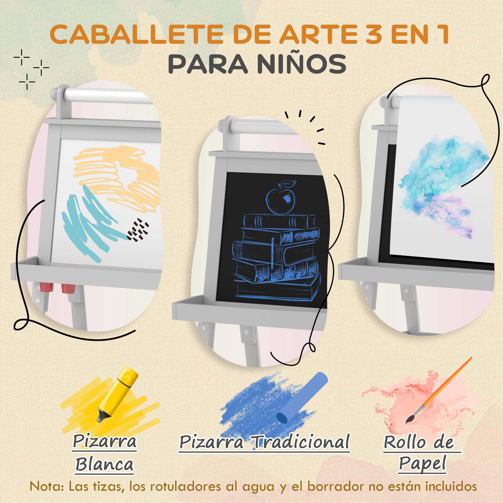 AIYPLAY Children's Drawing Easel 3 in 1 Magnetic Double-Sided Children's Blackboard Painting Easel with Paper Roll and Storage Baskets 59x48x118 cm Gray