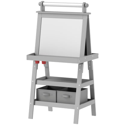 AIYPLAY Children's Drawing Easel 3 in 1 Magnetic Double-Sided Children's Blackboard Painting Easel with Paper Roll and Storage Baskets 59x48x118 cm Gray