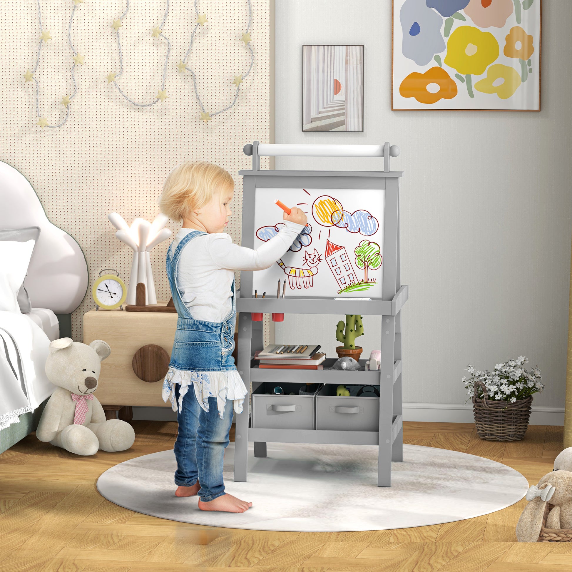 AIYPLAY Children's Drawing Easel 3 in 1 Magnetic Double-Sided Children's Blackboard Painting Easel with Paper Roll and Storage Baskets 59x48x118 cm Gray