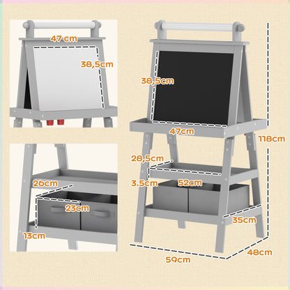 AIYPLAY Children's Drawing Easel 3 in 1 Magnetic Double-Sided Children's Blackboard Painting Easel with Paper Roll and Storage Baskets 59x48x118 cm Gray